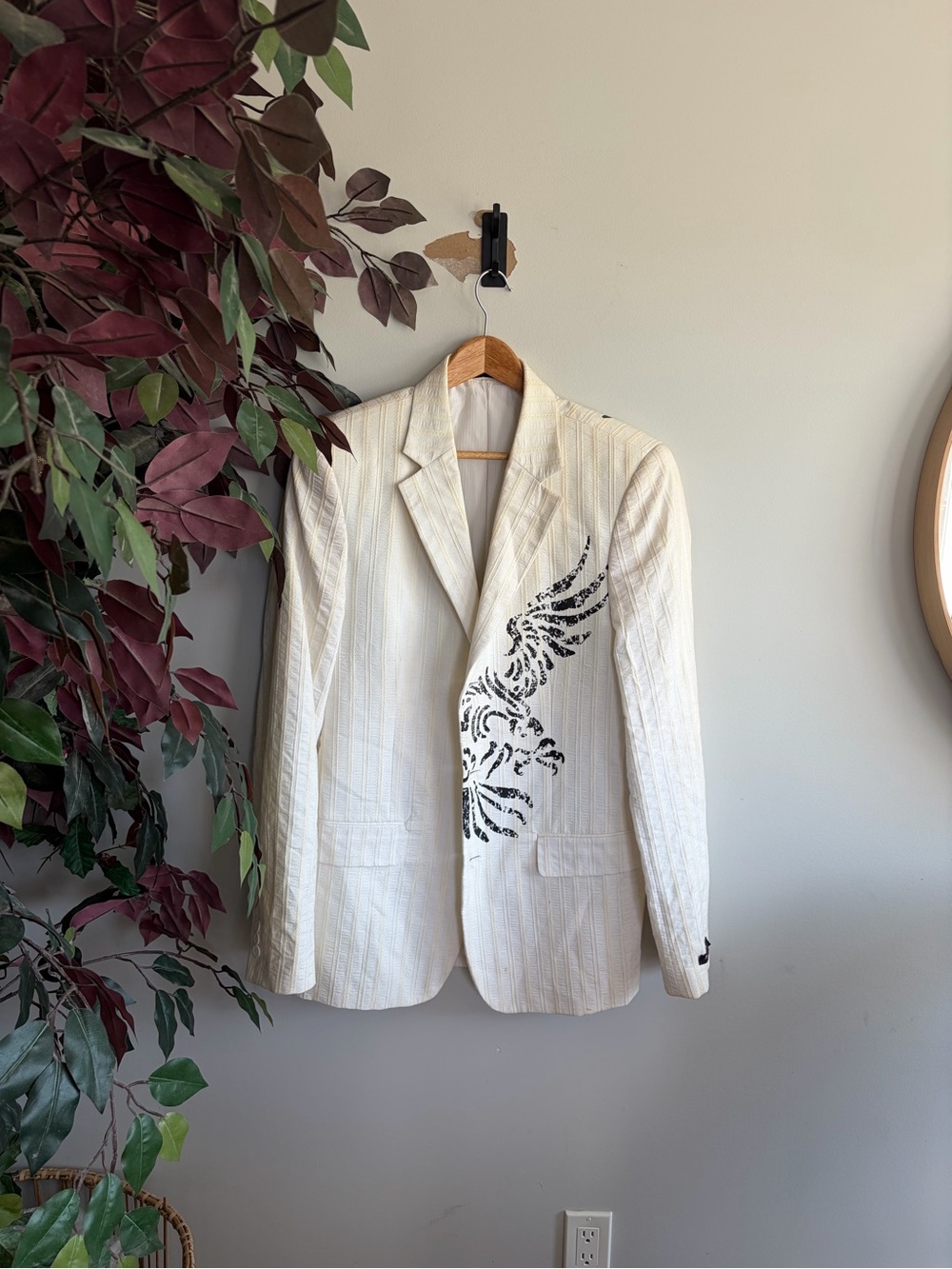 For him London Cream Blazer with Black Embroidered Wing Detail